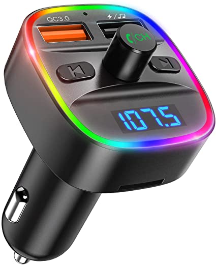 (2020 Upgraded New Version) V5.0 Bluetooth FM Transmitter for Car, 7 RGB Color LED Backlit Radio Transmitter, QC3.0 Dual USB Ports Adapter Car Kit, Supports TF Card, USB Disk, Hands-Free Calling