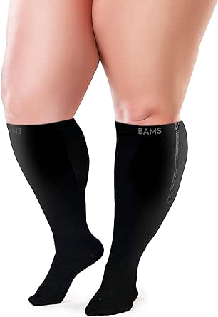 BAMS Plus Size Zipper Compression Socks Wide Calf XL XXL XXXL – Graduated Viscose from Bamboo Knee-High Support Easy-on/ Easy-off