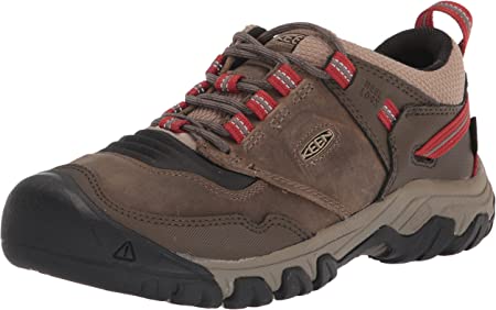 Keen Men’s Ridge Flex Low Height Waterproof Hiking Shoes, Timberwolf/Ketchup, 10 Wide US