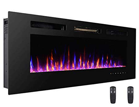 3GPlus 50 Inches Electric Fireplace Wall Recessed Heater Crystal Stone Flame Effect 3 Changeable Color Fireplace, with Remote, 1500 W - Black.