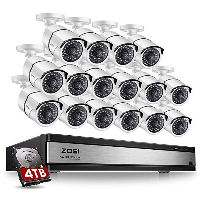 ZOSI 1080p 16 Channel Video Surveillance System,16 Channel DVR 4TB (Hard Drive) 1080p Hybrid Recorder and 16 Outdoor/Indoor CCTV Bullet Camera 1080p with 100ft Long Night Vision and 105°Wide Angle