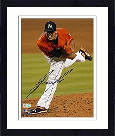 Framed Jose Fernandez Miami Marlins Autographed 8" x 10" Orange Uniform Photograph - Autographed MLB Photos