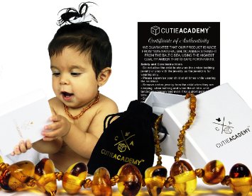 Amber Teething Necklace For Babies - (Honey)(Unisex) By Cutie Academy - Certified High Quality - Natural Drool Reducing and Gentle Pain Relieving Properties