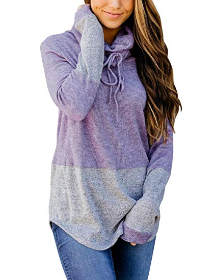 MEROKEETY Women's Cowl Neck Color Block Long Sleeve Drawstring Pullover Sweatshirt Knit Tops