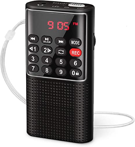 PRUNUS Pocket FM Radio with Recorder, Personal Mini Radio Portable Digital Tuning Radio with Lock Key, SD Card Player, Rechargeable Battery for Walking Jogging Exercising