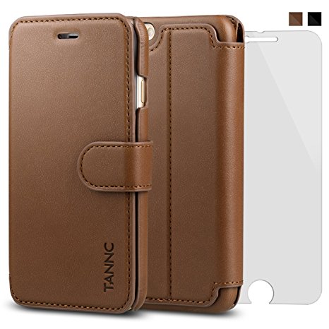 TANNC Layered Dandy Leather Flip Wallet Stand Case with Card Slot and Screen Protector for iPhone 6 Plus / 6S Plus - Brown
