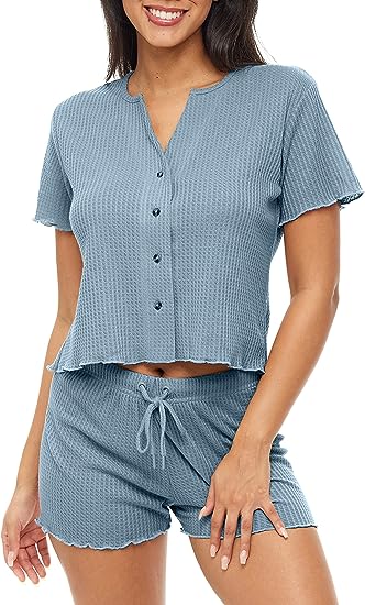 Alexander Del Rossa Women's Soft Ribbed Waffle Rib Knit Pajamas Lounge Set, Short Sleeve Button Up Top and Pajama Shorts