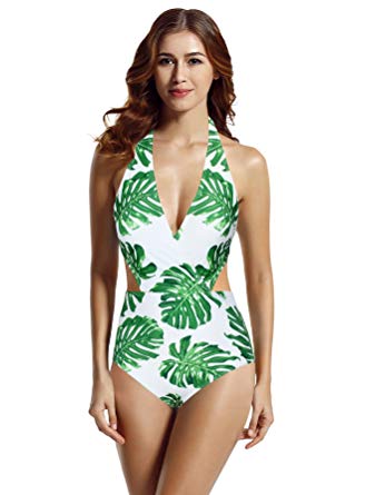 zeraca Women's Surplice Neckline High Waisted Halter One Piece Monokini Swimsuit