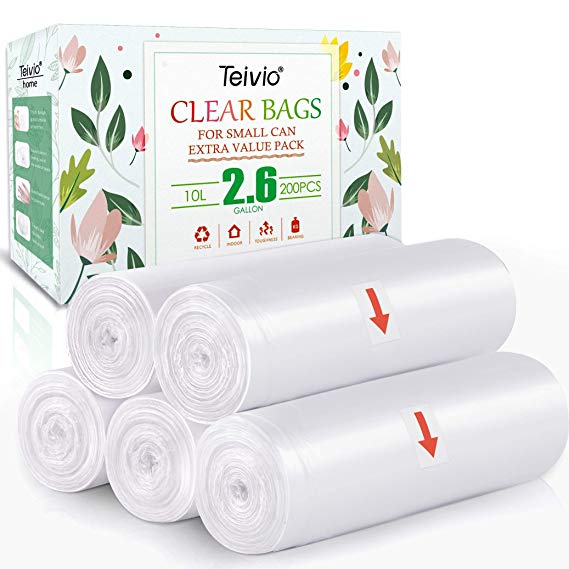 2.6 Gallon 200 Counts Strong Trash Bags Garbage Bags by Teivio, Bin Liners, for home office kitchen, Clear