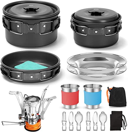 Odoland Camping Cookware Kit with Folding Camping Stove, Non-Stick Lightweight Pots Pan Set with Stainless Steel Cups Plates Forks Knives Spoons for Camping, Outdoor Cooking and Picnic