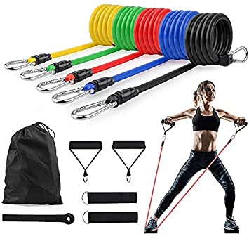 VASLON 11 PC Exercise Bands Resistance Bands Set- 5 Fitness Workout Bands Stackable up to 100 lbs, Training Tubes with Large Handles, Ankle Straps, Door Anchor Attachment and Carry Bag -For Resistance Training, Physical Therapy, Home Workouts, Yoga, Pilates