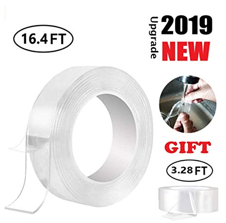 Sticky Nano Tape Roll Transparent - Traceless Washable Strong Adhesive Gel Grip Trip Tape Clear Anti Slip Removable Reusable for Home Wall Room Office Décor 16.5 and 3.28 Ft By BOBOCAWA