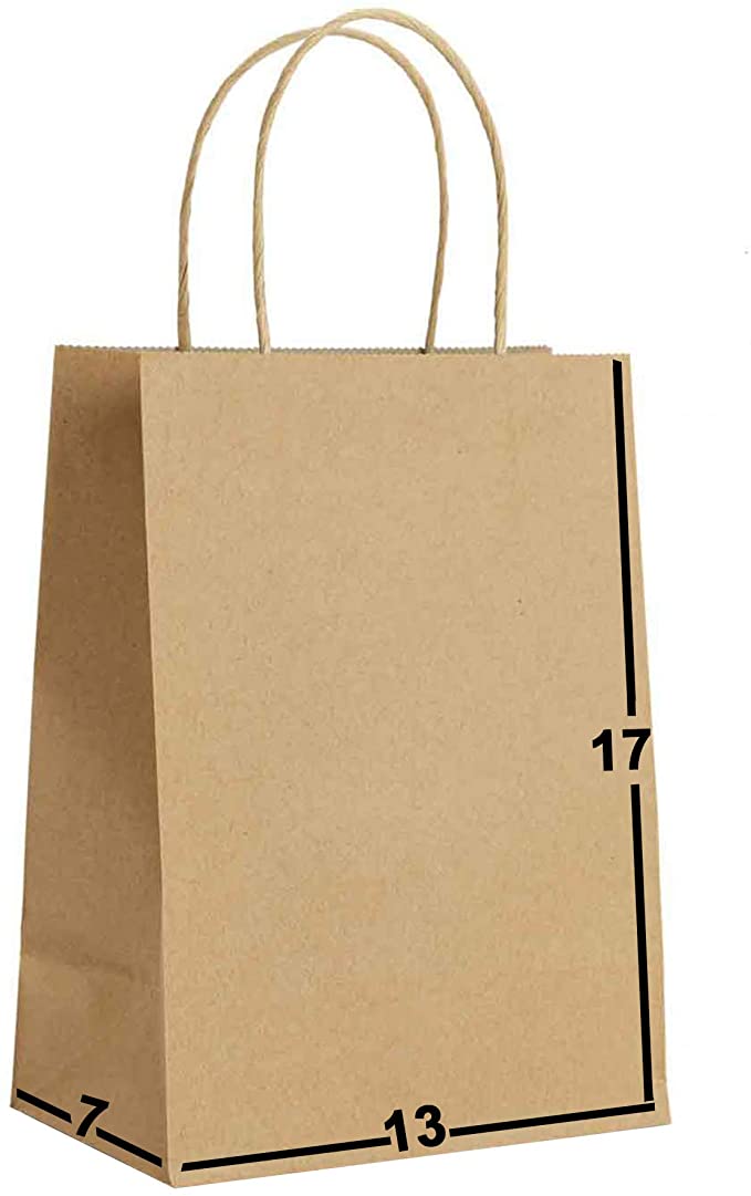 25 Packs-Kraft Paper Gift Bags Bulk with Handles 13 X 7 X 17. Ideal for Shopping, Packaging, Retail, Party, Craft, Gifts, Wedding, Recycled, Business, Goody and Merchandise Bag (Brown)