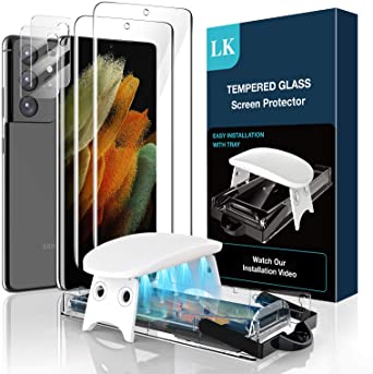 LK 4 Pack 2Pcs Screen Protector & 2Pcs Camera Lens Protector Compatible with Samsung Galaxy S21 Ultra 5G 6.8-inch, Tempered Glass, Ultrasonic Fingerprint Support, Easy Install Kit, Model No. ZP V