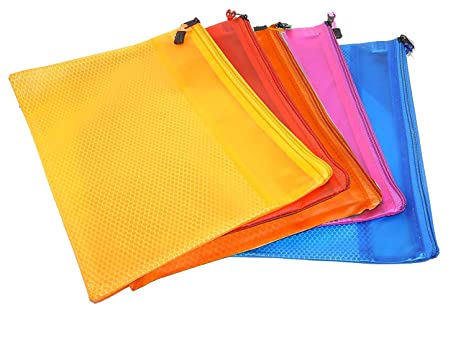 ANG Transparent Plastic Pouch, Clear Color Zippered Documents Holder/Bags, Waterproof Travel Pouch, Paper Document Bag, 5 Pieces with Assorted Colour (32x24)
