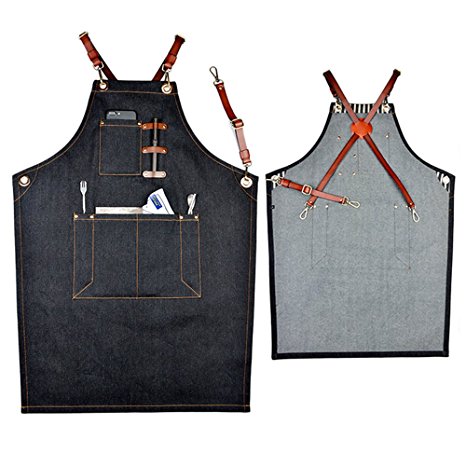 Boshiho Denim Jean Work Apron, Adjustable Shop Apron Chef Apron with Cross-back Leather Straps (B)