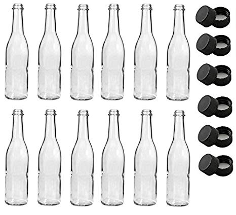 North Mountain Supply NMS A12-07C - Black Plastic Glass Woozy Sauce Bottles with Lids, 12 oz, Clear
