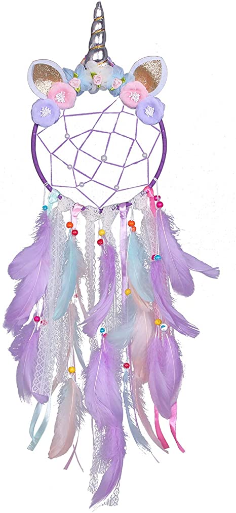 Unicorn Dream Catcher for Girls, Colorful Feather Dream Catchers for Bedroom Wall Hanging, Birthday Gift for Girls (Purple)
