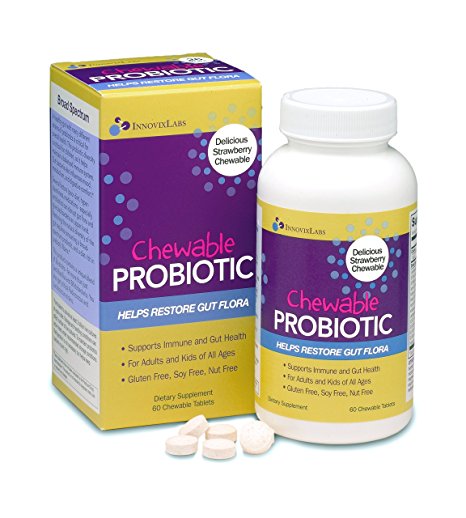 Chewable PROBIOTIC (by InnovixLabs). Broad Spectrum Probiotic – 2 Billion Live Cultures at Expiration. Sugar-free, Gluten-free, Soy-free. 60 Delicious Strawberry Chewable Tablets.