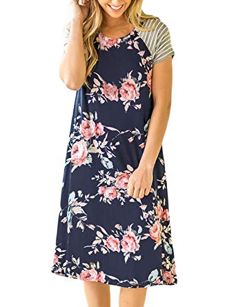 Twippo Women Floral Print Casual Dress Short Sleeve A-line Loose T-shirt Dresses