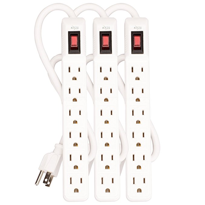 KMC 6-Outlet Surge Protector Power Strip (3-Pack), 2-Feet Power Cord, 600 Joule - White