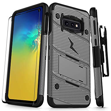 ZIZO Bolt Galaxy S10e Case Heavy-Duty Military Grade Drop Tested Bundle with Tempered Glass Screen Protector Holster and Kickstand Metal Gray Black
