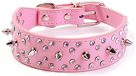 Wellbro Spiked Studded PU Leather Dog Collar, Fashionable and Colorful Dog Training Collar, with Bullet Rivets and Rhinestones, Soft and Adjustable for Medium and Large Pets