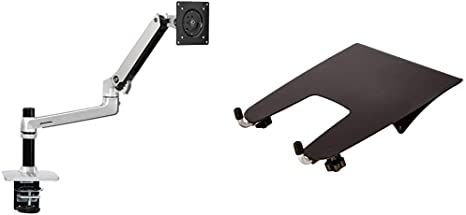 AmazonBasics Premium Single Monitor Stand - Lift Engine Arm Mount, Aluminum - Silver & Notebook Arm Mount Tray