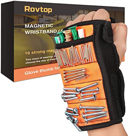 Magnetic Wristband, Rovtop Magnetic Wristband for Holding Screws with Strong Magnets for Holding Screws, Nails, Drill Bits, with Non-Magnetic Storage Bag , Two Wearing Forms