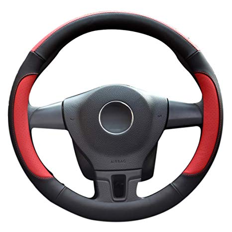 LucaSng Car Steering Wheel Cover,Diameter 15 inch,PU Leather,for Full Seasons,Black and red,Size M