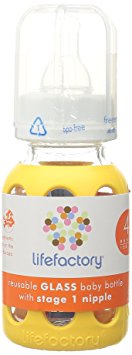 Lifefactory 4-Ounce BPA-Free Glass Baby Bottle with Protective Silicone Sleeve and Stage 1 Nipple, Yellow