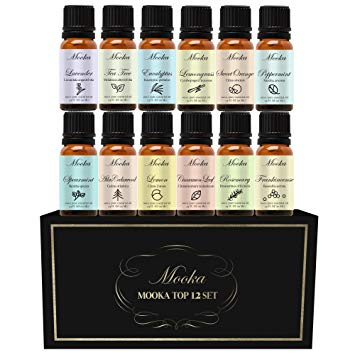 Essential Oils by Mooka, Top 12 100% Pure Therapeutic Grade Aromatherapy Essential Oil Set & Kit (Lavender, Tea Tree, Eucalyptus, Lemongrass, Sweet Orange, Peppermint...)