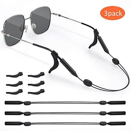 Merssyria Adjustable Eyeglass Strap, No Tail Sunglasses Holder Strap Sport Eyewear Retainer with Anti-slip Hooks and Glasses Cloth (3 Pack)