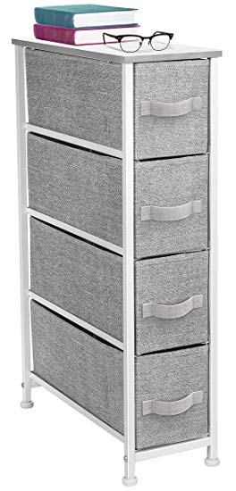 Sorbus Narrow Dresser Tower with 4 Drawers - Vertical Storage for Bedroom, Bathroom, Laundry, Closets, and More, Steel Frame, Wood Top, Easy Pull Fabric Bins (White/Gray)