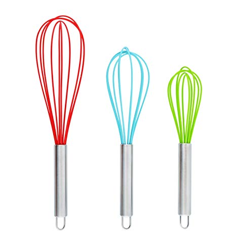 Set of 3 Multi-Color Silicone whisks with stainless steel handles. Milk & Egg Beater Balloon Metal Whisk for Blending, Whisking, Beating and Stirring. Whisks for cooking by Dragonn. (Multi Color)