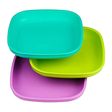 Re-Play Made in USA 3pk Plates with Deep Sides for Baby, Toddler - Aqua, Green & Purple (Mermaid)