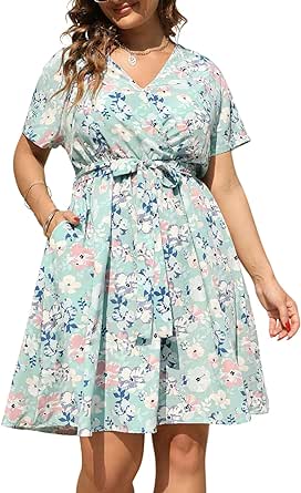 Nemidor Womens Casual Plus Size Summer Boho Swing Wrap Dress Floral Print with Pockets NEM295