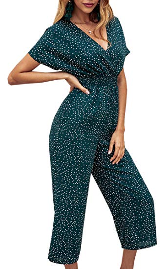 Angashion Women's Jumpsuits - Short Sleeves V Neck Polka Dot Wide Leg High Waist Romper with Pockets