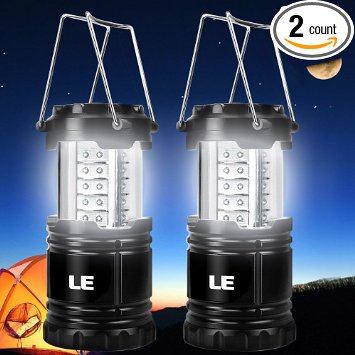 LE 2 Pack Portable Outdoor LED Camping Lantern Flashlights 30 LEDs Battery Powered Water Resistant Home Garden Camping Lanterns for Hiking Emergencies Hurricanes Black Collapsible