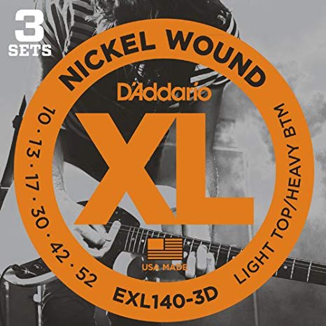 D'Addario EXL140-3D Nickel Wound Electric Guitar Strings, Light Top/Heavy Bottom, 10-52, 3 sets