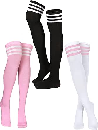 3 Pairs Knee High Socks Thigh High Socks Triple Stripe over the Knee Socks Long Opaque Thigh High Stockings