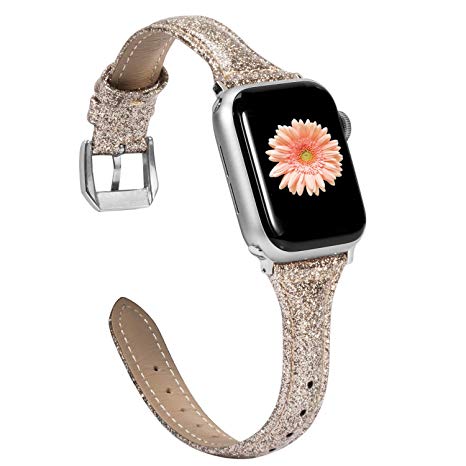 Wearlizer Gold Thin Glitter Leather Compatible with Apple Watch Bands 42mm 44mm Womens for iWatch Slim Wristband Glistening Strap Replacement Bracelet with Silver Metal Clasp Series 4 3 2 1 Edition