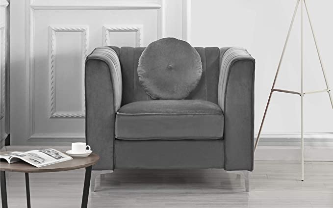 Divano Roma Furniture Classic and Traditional Living Room Marilyn Velvet Armchair, Club Chair with Tufted Accent Pillows (Grey), Large