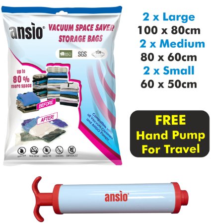 Vacuum Compressed Space Saver Storage Bags Set of 6 - 2 Large (100x80cm), 2 Medium (80x60cm) & 2 Small (60 x 50cm). Extra Strong Double-Zip Seal and Triple Seal Turbo Valve for Ultra Compression | Ideal for Clothes, Duvets, Bedding, Pillows, Curtains and Travelling. FREE Vacuum Pump Included