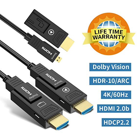 BIFALE HDMI Fiber Optic Cable 33ft 4K HDR 60Hz, Fiber HDMI Cable 2.0b ARC, HDCP2.2, 3D, 18Gbps Subsampling 4:4:4/4:2:2/4:2:0 Slim and Flexible Fiber Optic HDMI Cable with Dual Micro HDMI