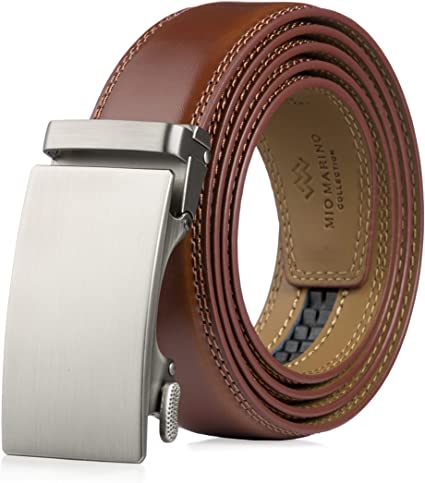 Marino Men's Wide Rimmed Imprinted Leather Ratchet Dress Belt with Automatic Buckle, Enclosed in an Elegant Gift Box