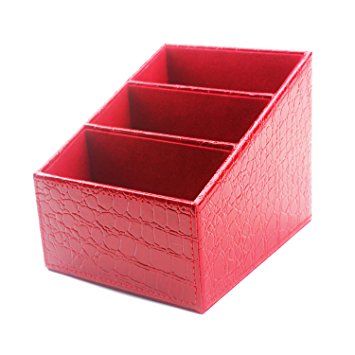 Desk Supplies Organizer Caddy，3 Compartments PU Leather Multifunctional Office Desk Organizer,Desktop Stationery Storage Box, Card/Pen/Pencil/Mobile Phone/Remote Control Holder (Red)