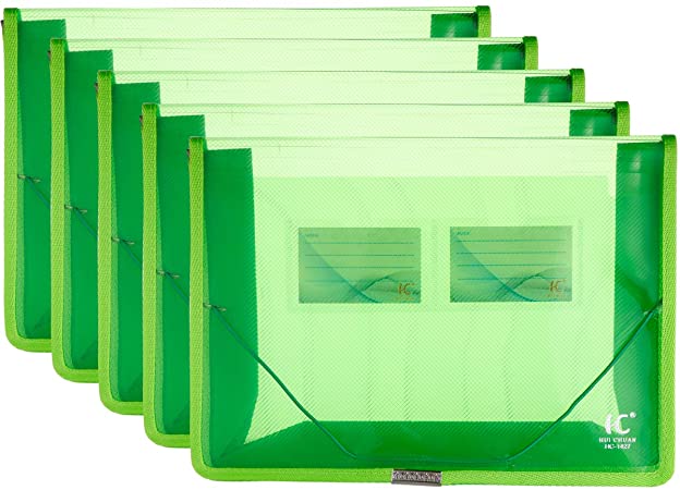 A4 Plastic Wallet File Folders, Expandable Poly Envelope File Wallet Document Folder with Elastic Cord Closure and Card Slot, Waterproof Office Home School File Organization (Green, 5 Pack)