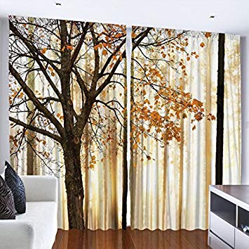 Ambesonne Curtains for Living Room by, Fall Trees Woodsy Country Theme Home Decor Dining Room Bedroom Curtains 2 Panels for Kids Room Window Treatments, 108 x 84 Inches Wide, Yellow Brown