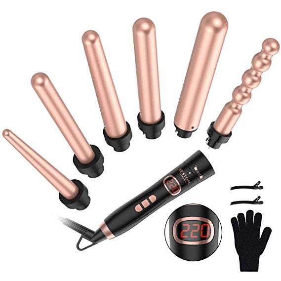 Curling Tongs BESTOPE Professional Curling Iron Set with 6 Interchangeable Tourmaline Ceramic Barrels LCD Display 120℃-220℃ Temperature Control Dual Voltage Heat Resistant Glove 2 Clips Gold Rose